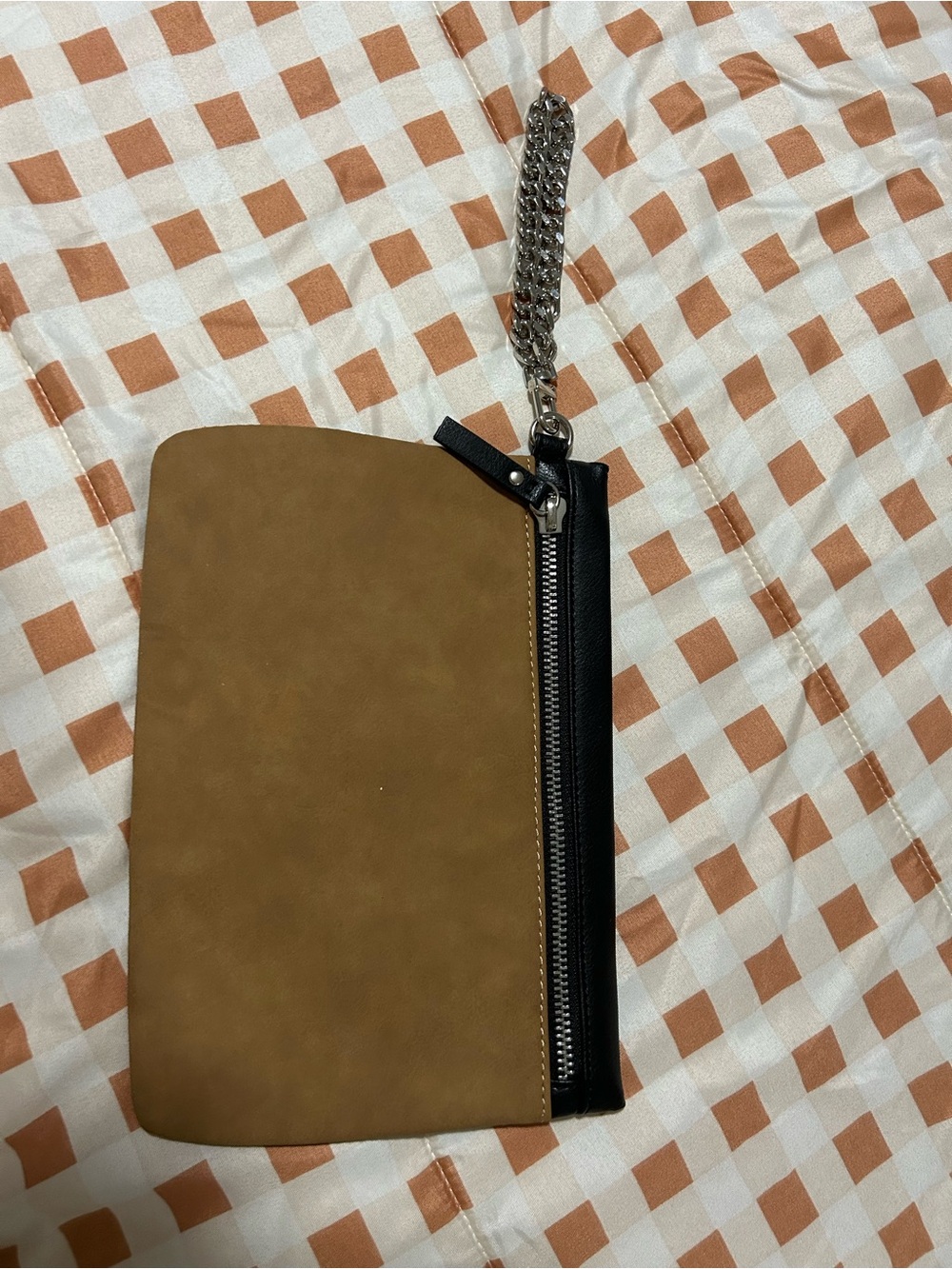 Women’s Express Tan/Black Leather Wristlet Clutch with Silver Chain